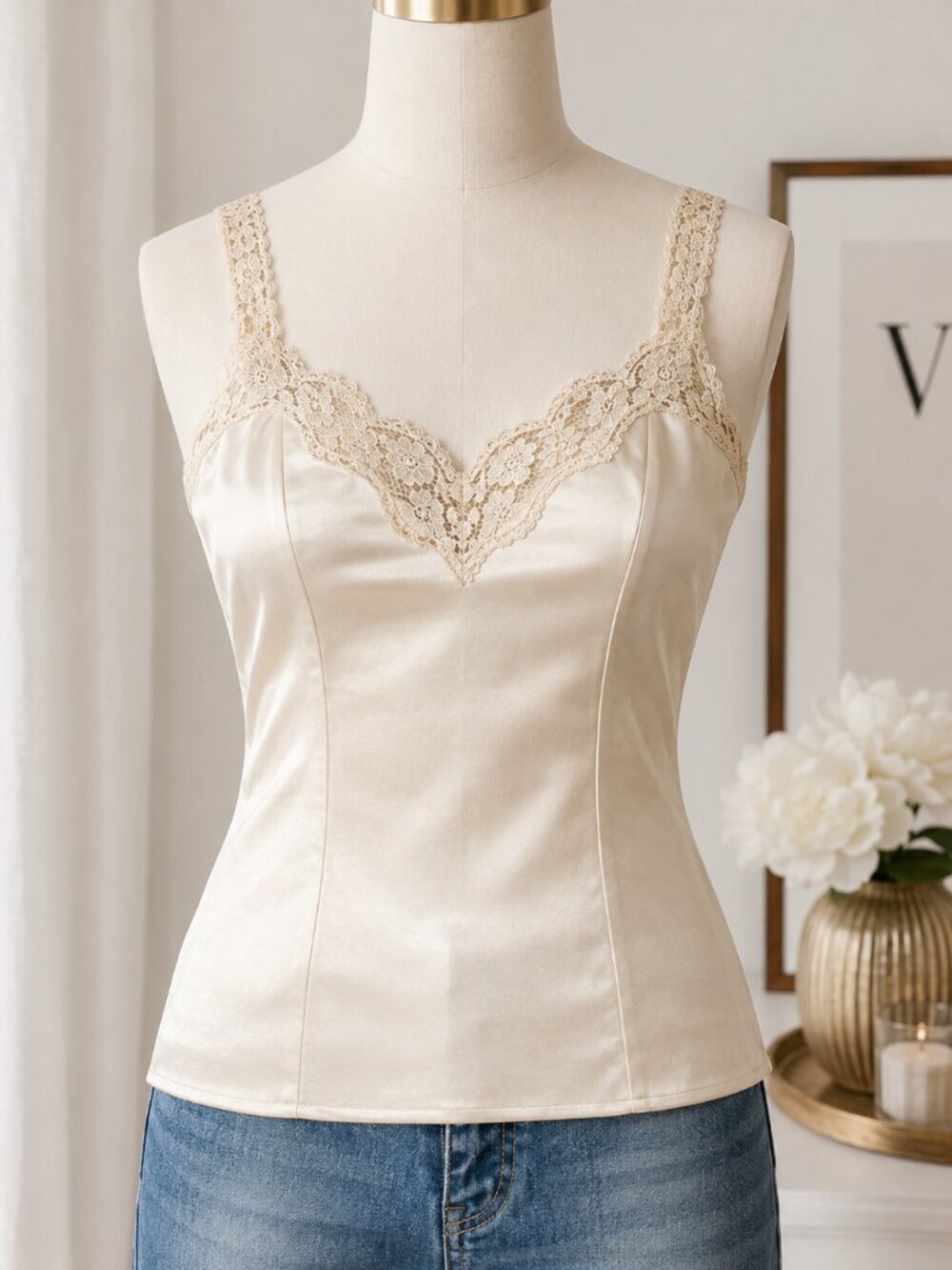 Vintage Olga Secret Hug Lace Cami Medium Cream Satin Coquette Lingerie